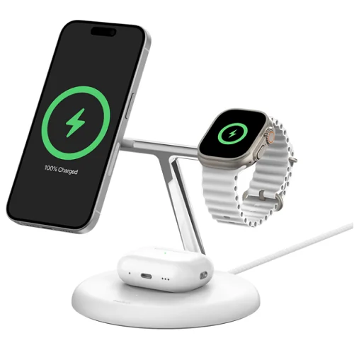 Belkin WIZ023 Qi2 Stand Review: Three Charging Spots, One Defined Device Mix